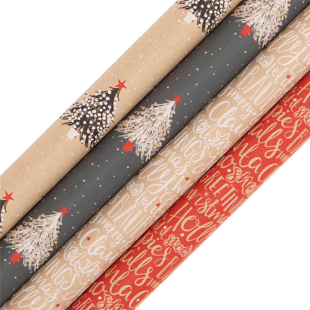 4 rolls of wrapping paper - one with dark trees on kraft paper, one with light trees on dark kraft, one with white writing on kraft and one with beige writing on red kraft.