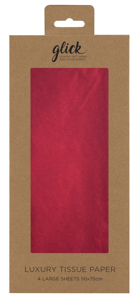 A picture of Red tissue paper in a rectangular cardboard sleeve with the words Luxury Tissue Paper