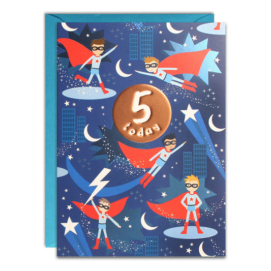 Blue background Super Hero 5th Birthday Card