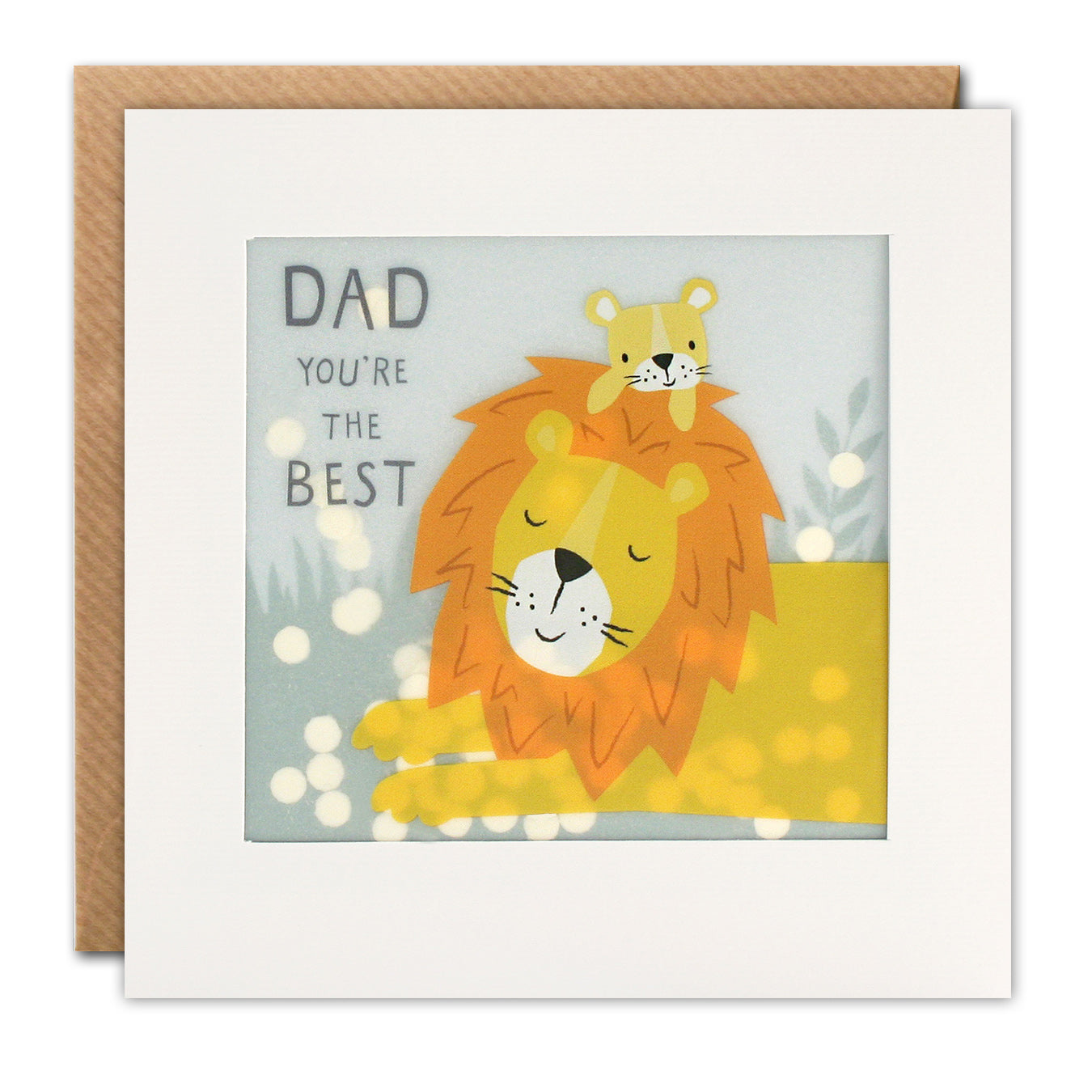 A white framed card with a baby lion on top of a Daddy Lion and the words ‘Dad, You’re the Best’