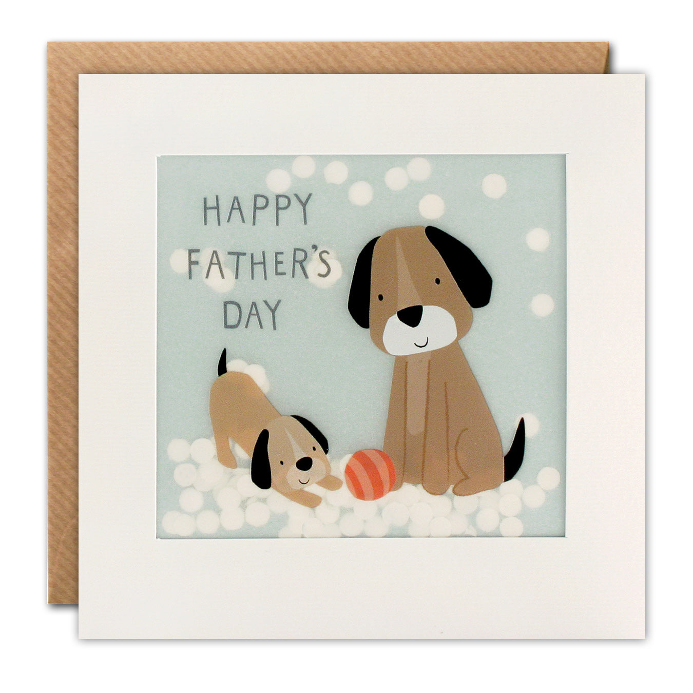 A white framed card with two dogs playing with a ball on white confetti