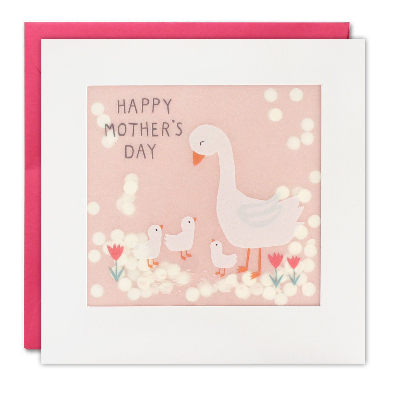 A white framed card with a pink envelope and a large Swan and some baby swans on a pink background.