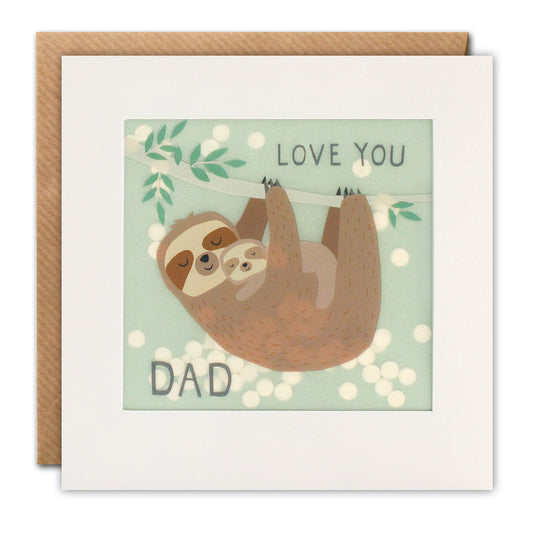 A white framed card with a baby sloth on a Daddy sloth and the words ‘Love you Dad’