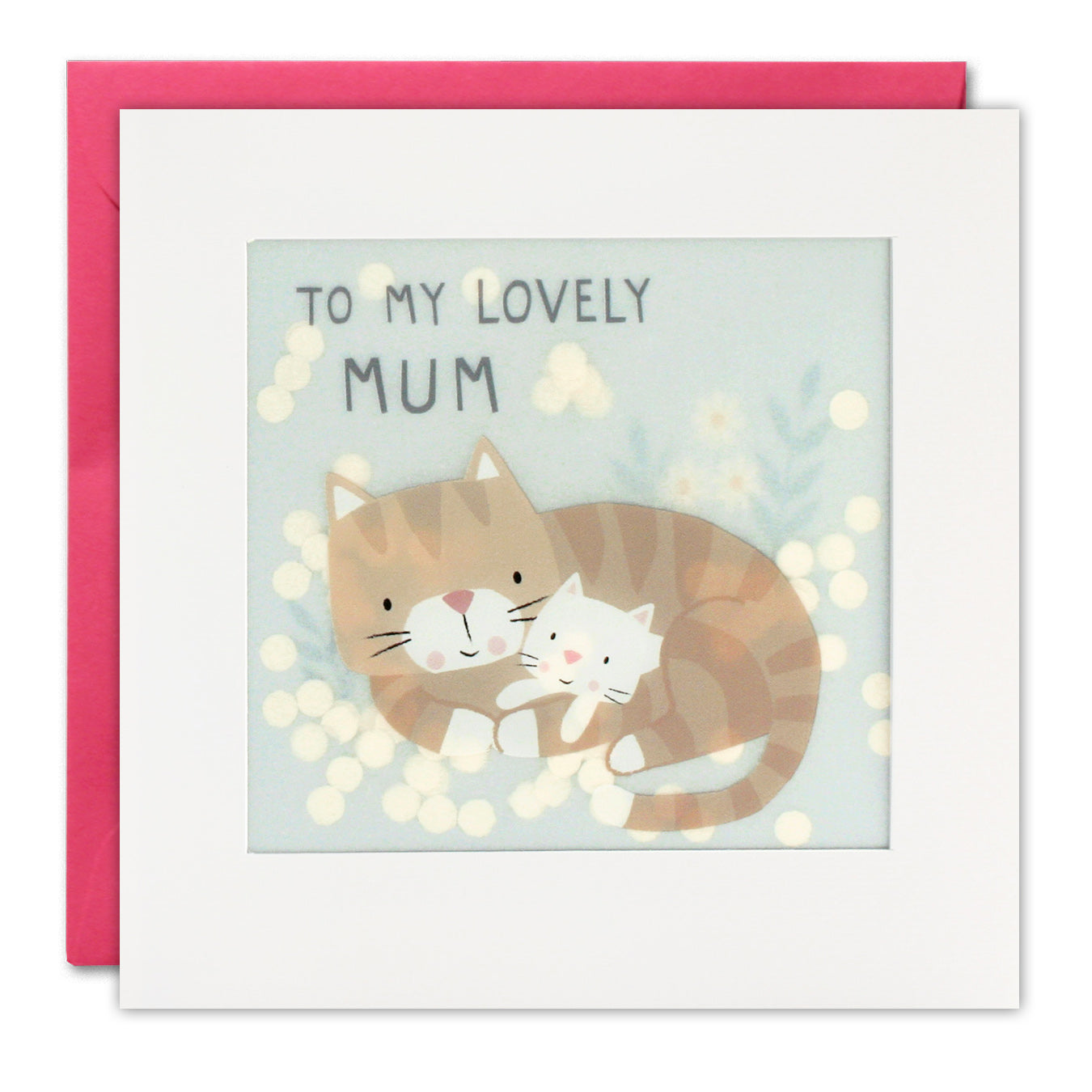 A pink envelope with a white framed square card with two cats and the words ‘To my lovely Mum’