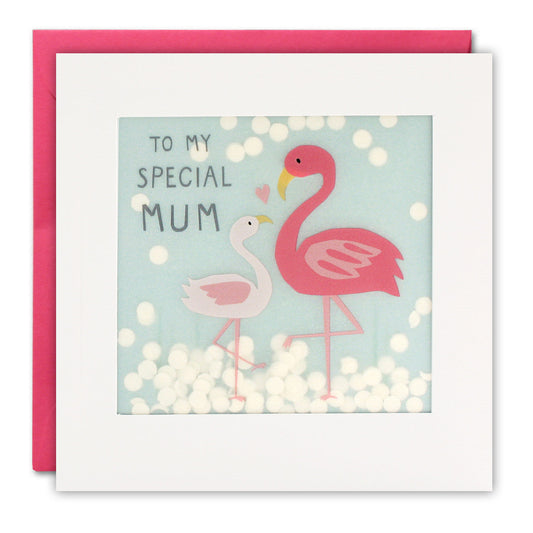 A white framed card with two flamingos and the words ‘To my special mum’