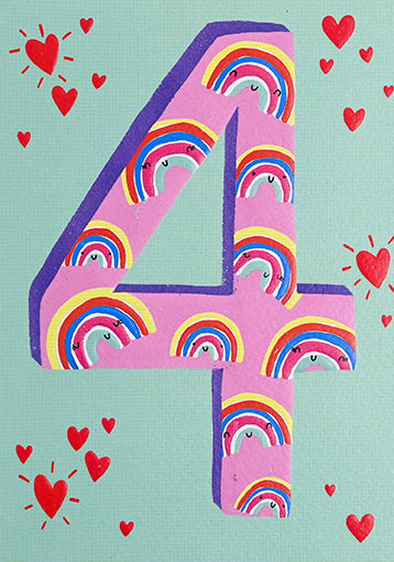 4th Birthday Card with Rainbows and Hearts