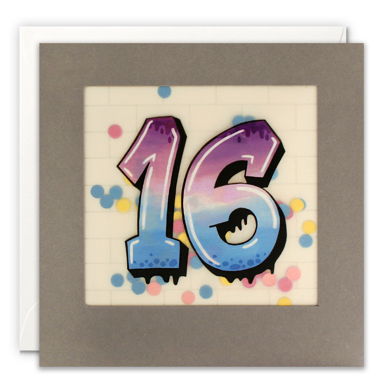 The Age 16 Graffiti Paper Shakies Card by James Ellis Designs is a recyclable birthday card with bold purple and blue graffiti-style "16," pastel confetti, and a gray border—perfect for celebrating a 16th birthday.