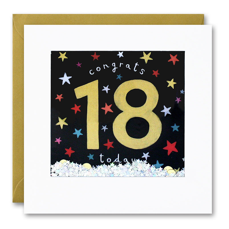 The image on the front shows the number 18 in gold, with colourful stars on a black background.